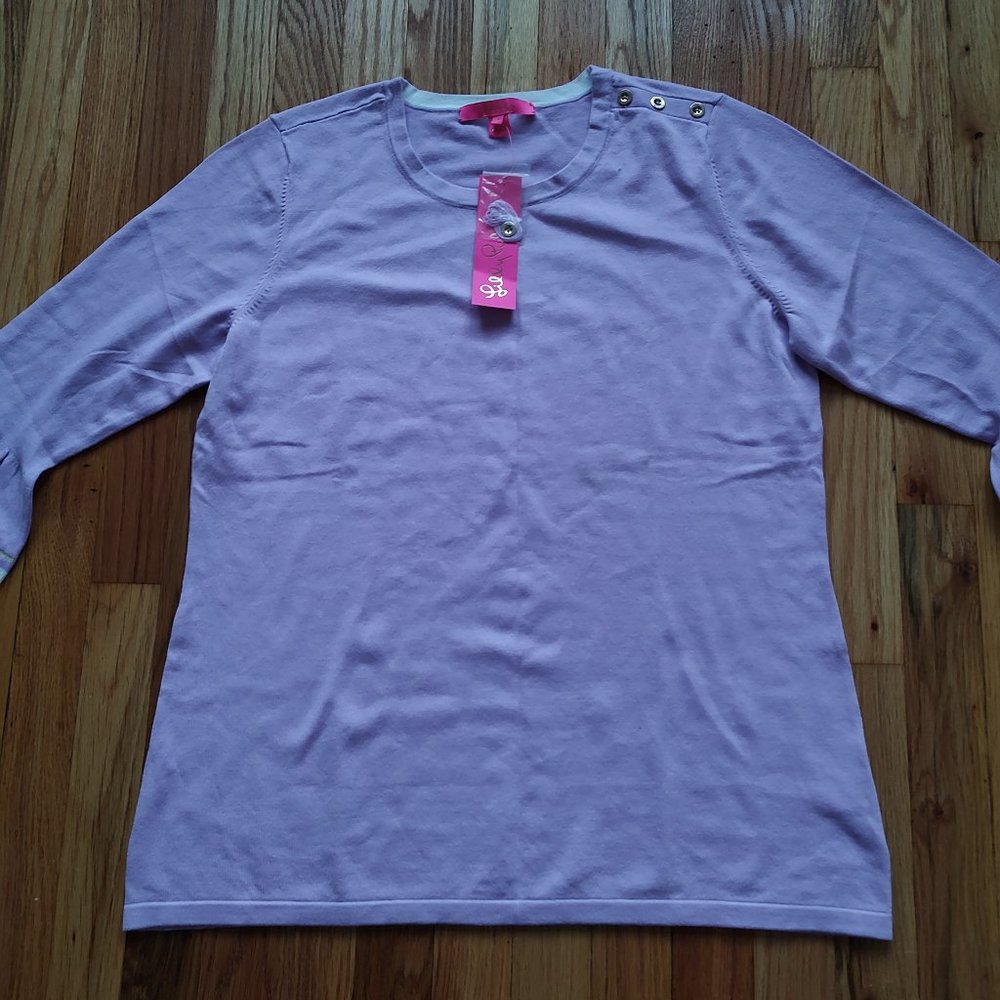 Lilly Pulitzer Callee Sweater Lilac Fressia Purple Pullover Gold White Buttons L - Picture 7 of 16